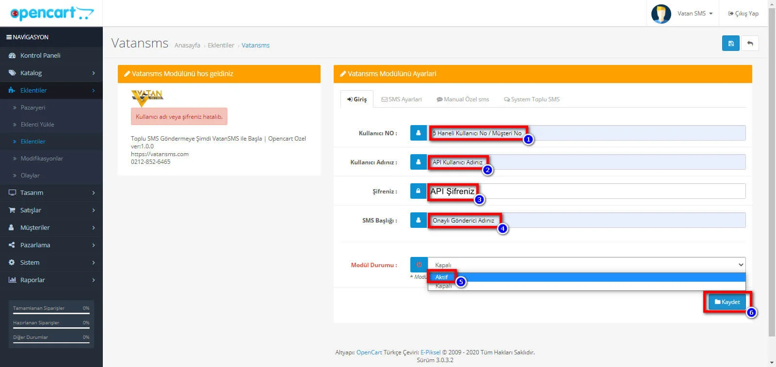 OpenCart Sms Modülü Kurulumu Adım 5