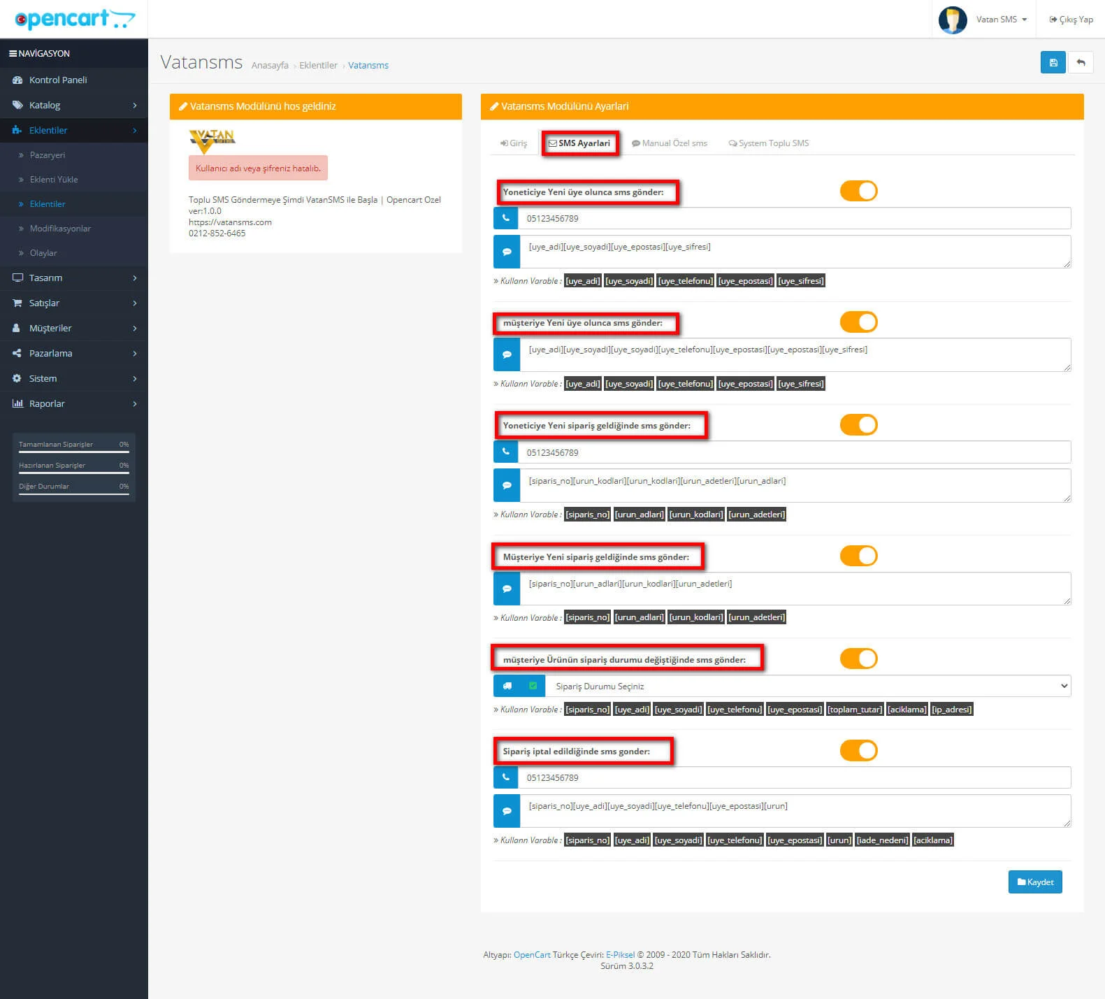 OpenCart Sms Modülü Kurulumu Adım 6