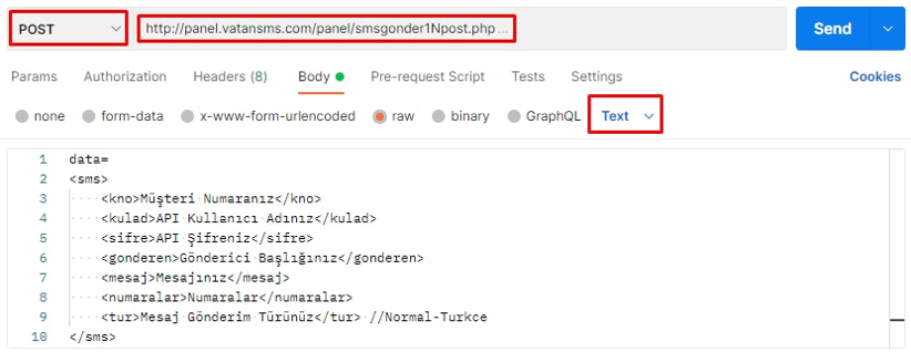 postman sms api deneme