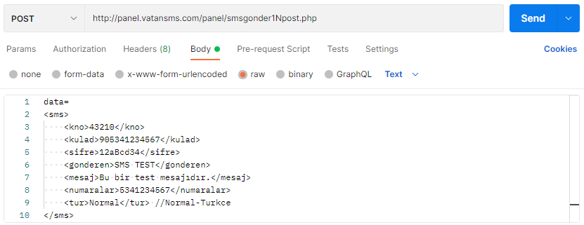 postman sms gönderme örnek api testi